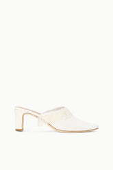 Ivory kitten-heel mule with fringe collar and pointed toe