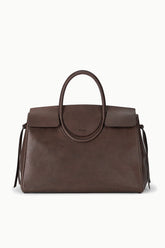 Large Maude carryall bag in espresso brown, structured top with twin side tie details
