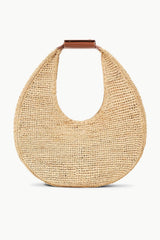 Tan raffia moon tote bag with brown leather-look handle and U-shaped opening