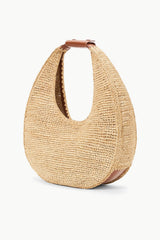 Tan raffia moon tote bag with brown leather-look handle, open top, and rounded shape