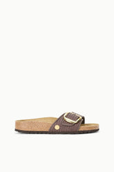 BIRKENSTOCK Madrid Big Buckle raffia slide sandal in dark brown with gold-tone buckle