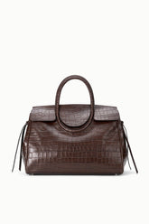 Espresso croc-embossed leather carryall handbag with top oval handles