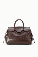 Espresso croc-embossed leather carryall handbag with top oval handles