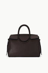 Espresso brown structured leather carryall bag with top handles and front flap.