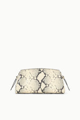 Convertible clutch bag, white snake-print, top zipper, short strap and tassels