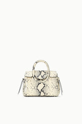 Maude mini carryall handbag, white snake-print with ring handle and side tie straps