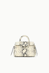 Maude mini carryall handbag, white snake-print with ring handle and side tie straps