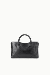 Black mini satchel bag with twin handles, flat front panel, and short side accents