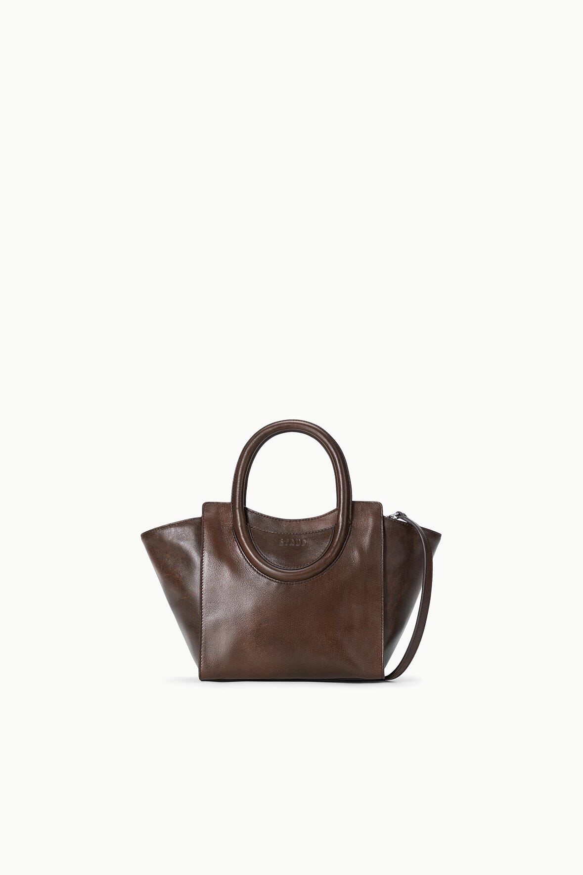 MAUDE mini tote in espresso distressed brown leather, small structured bag with top handles