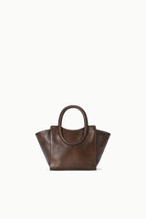 MAUDE mini tote in espresso distressed brown, tote silhouette with dual top handles