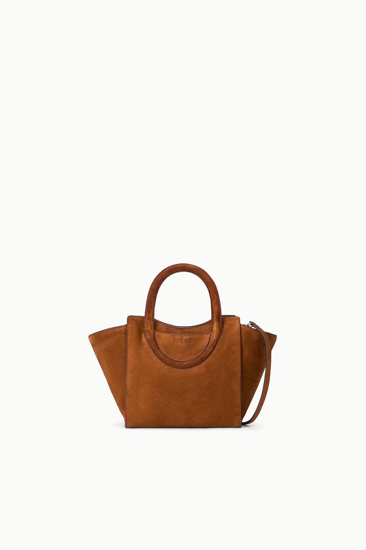 Tabac suede mini tote bag with two top handles and open top