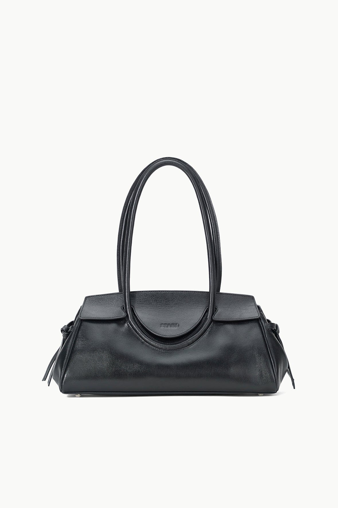 Black structured shoulder bag with central seam and small side ties