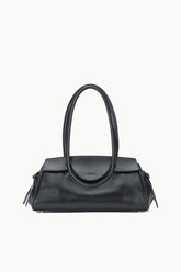 Black structured shoulder bag with central seam and small side ties