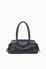 Black structured shoulder bag with central seam and small side ties