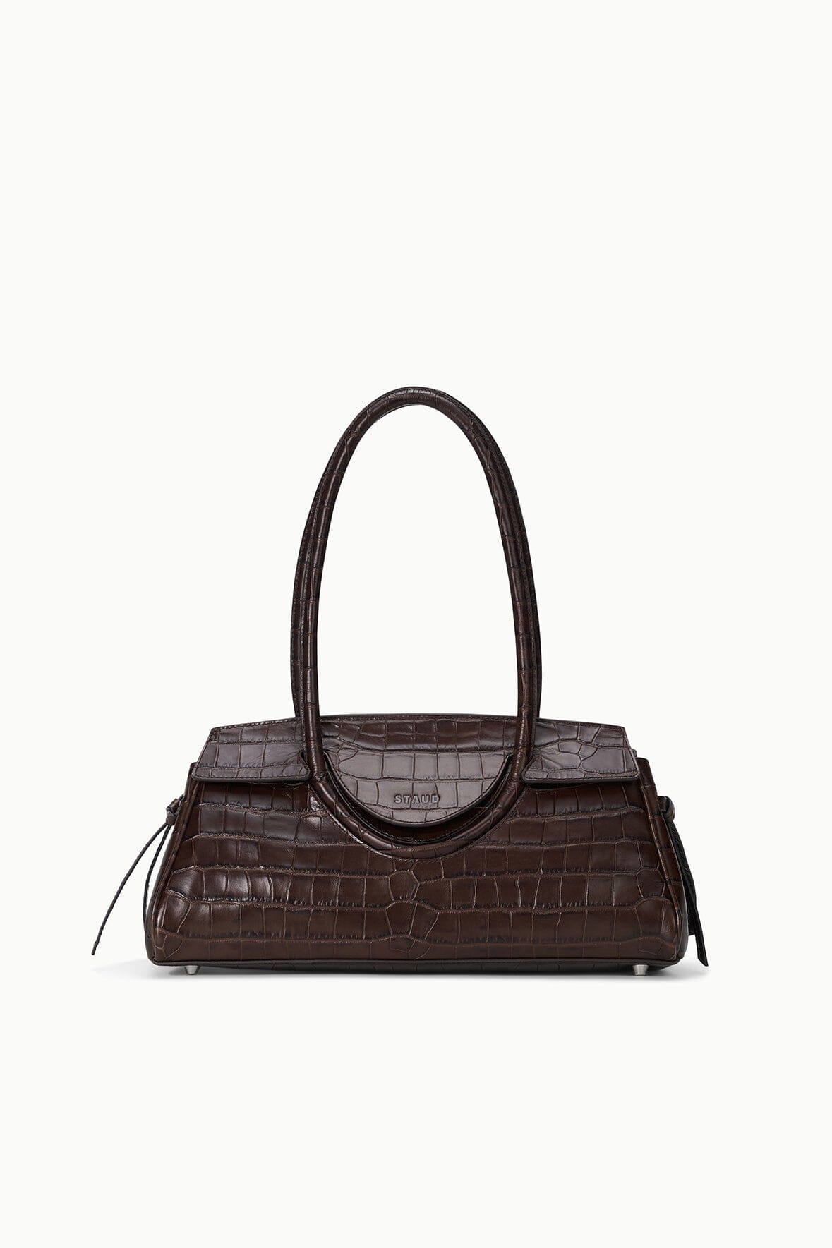 Espresso croc-embossed shoulder bag with top handles and structured front