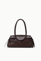 Espresso croc-embossed shoulder bag with top handles and structured front
