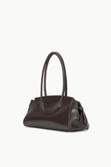 Espresso-brown leather shoulder bag with top handles and side fold detail