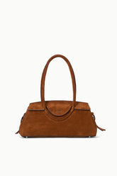 Tabac suede shoulder bag with top handles and curved opening seam