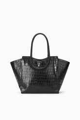Black croc-effect leather tote bag with double top handles and structured shape.