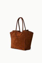 Suede tote bag in tabac brown with structured square base and two handles