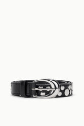 Black leather-look belt with silver moon buckle and round stud accents