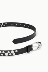 Black belt with round white stud rivets and adjustable strap, moon buckle