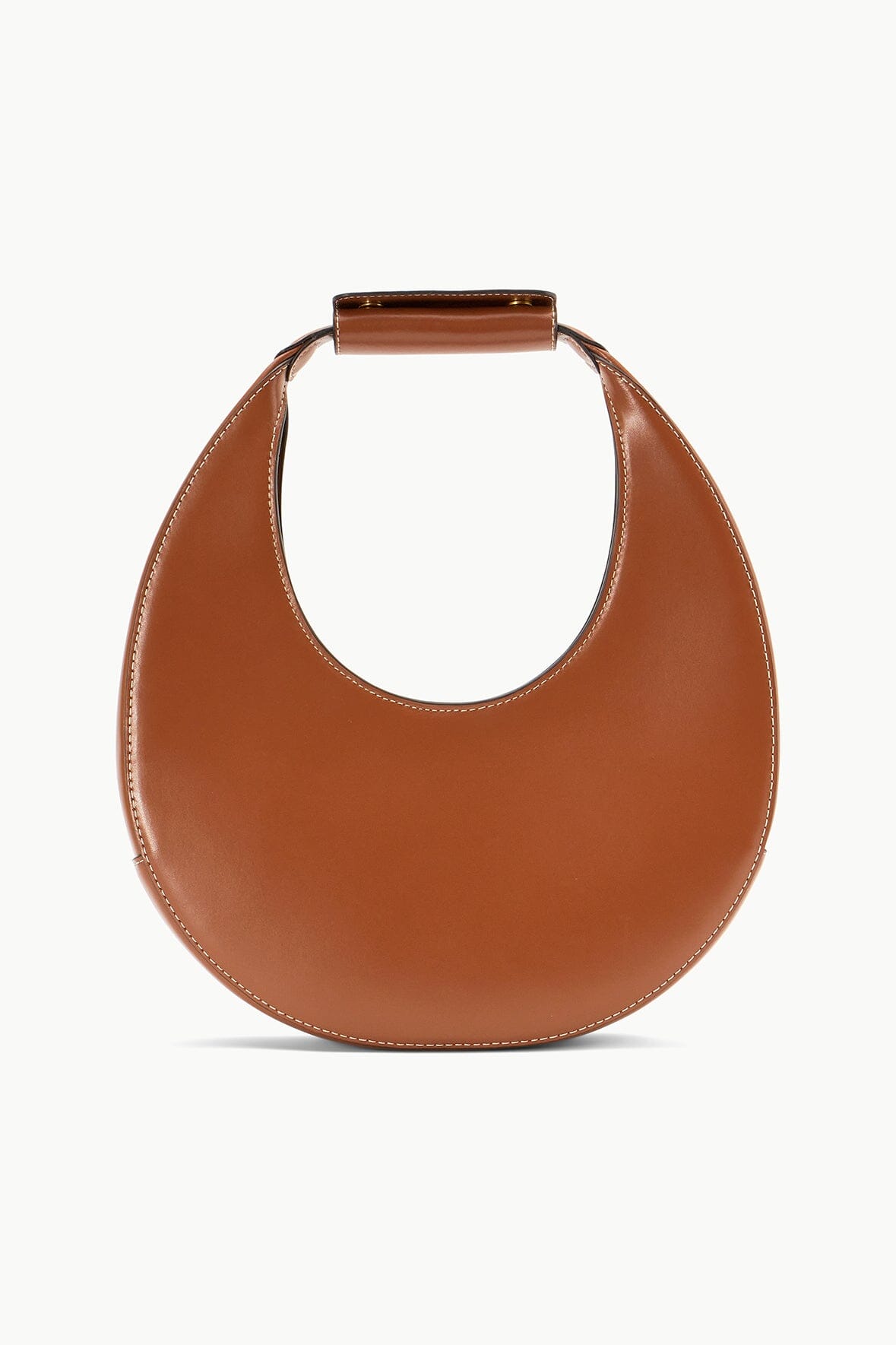 Saddle brown leather moon bag with top handle and stitched trim