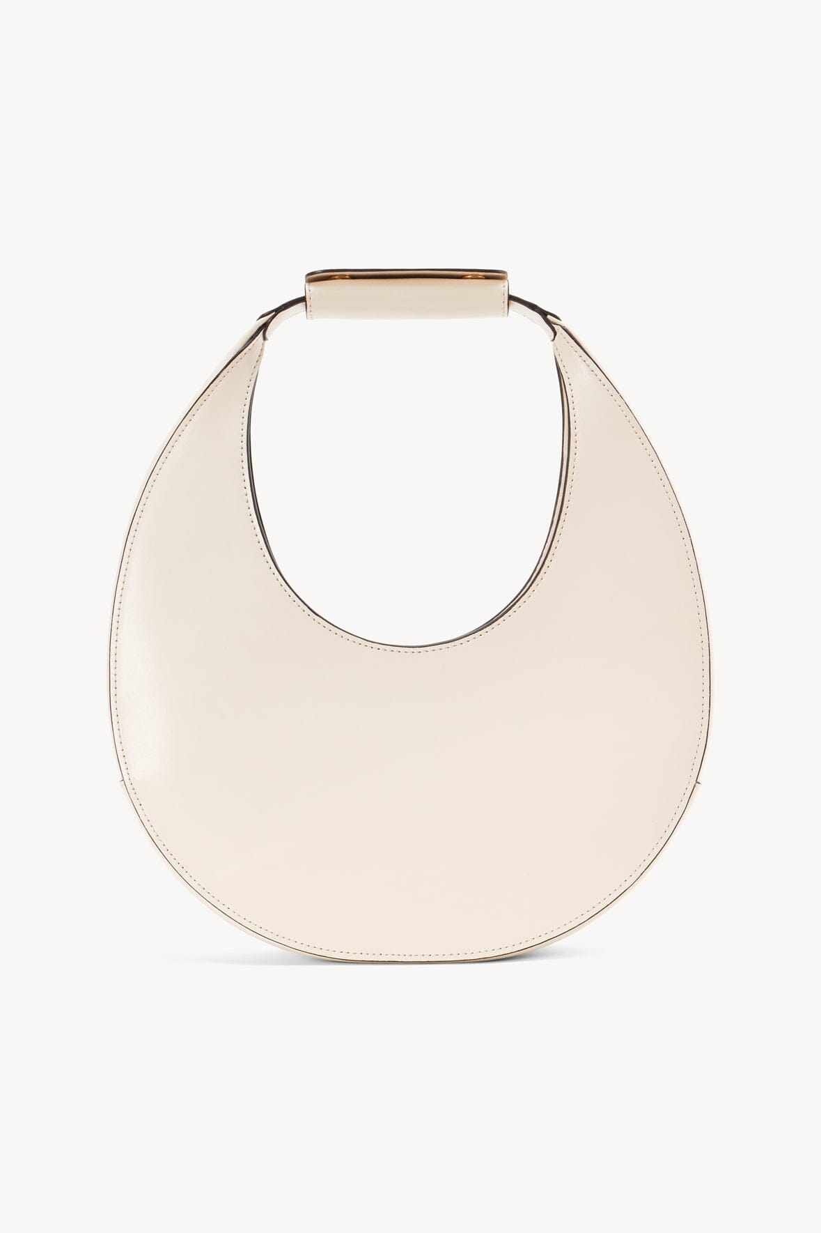 Cream crescent moon bag with top handle and stitched curved edge