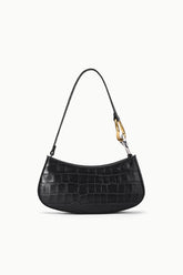 Black croc-embossed hobo bag with curved shoulder strap