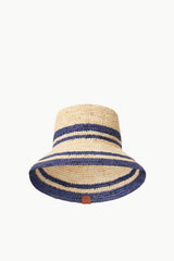 Striped straw bucket hat with navy band at crown and brim