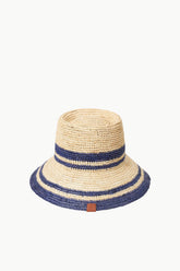Striped straw bucket hat with navy bands and tan leather logo patch