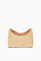 Natural tan raffia hobo bag with brown top zipper detail and curved silhouette