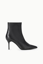 Black leather ankle boots with slim high heel and pointed toe