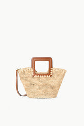 Natural tan raffia mini bucket bag with brown leather-look handle and shoulder strap