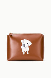 Tan zippered pouch with single white dog photo print and gold zipper hardware.