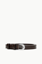 Slim brown leather belt with silver moon buckle and stitched strap ends