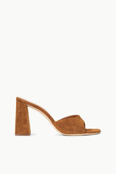 SLOANE tan suede heeled mule sandal with open toe and block heel
