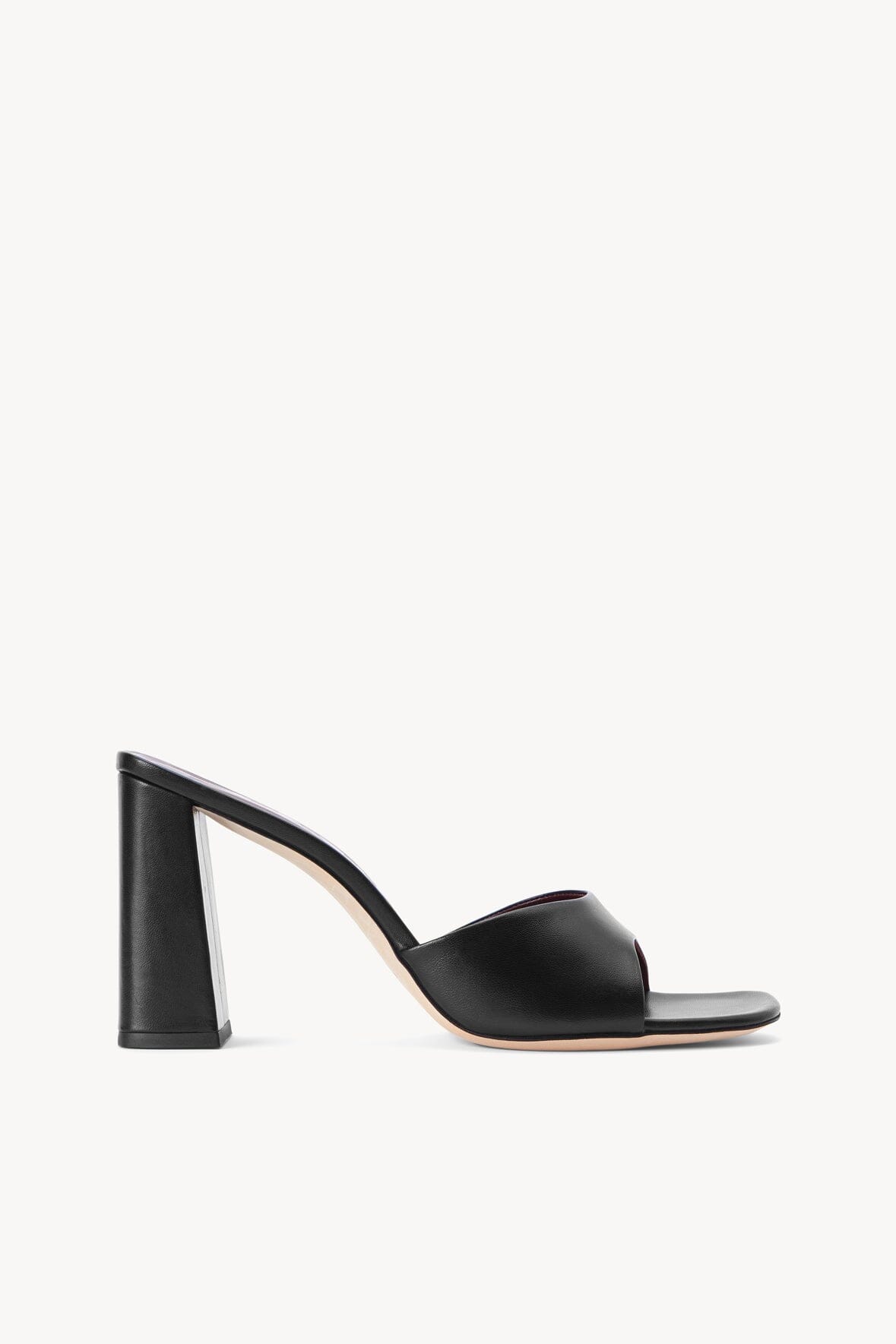Black SLOANE heeled slide sandal with square toe and tall block heel