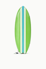 Green surfboard-shaped clutch with blue center stripe and zipper closure