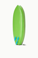 Green surfboard clutch with open zipper, blue interior lining, and charm hardware