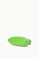 Green surfboard clutch pouch with zipper opening and blue accent at front