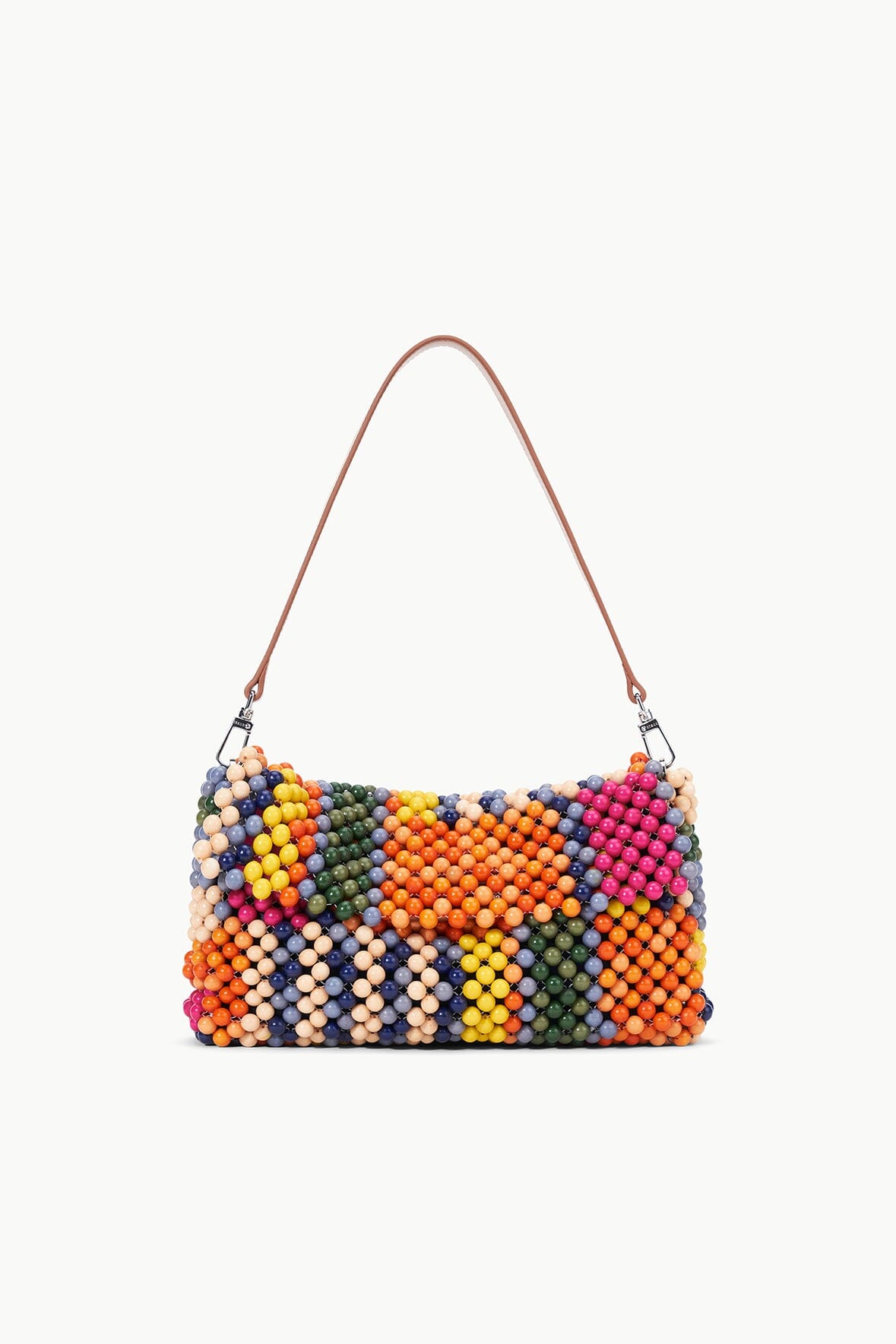 TIMMY shoulder bag with multicolor beaded stripes, brown leather handles, metal ring hardware.
