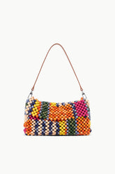 TIMMY shoulder bag with multicolor beaded stripes, brown leather handles, metal ring hardware.