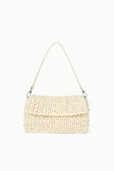 Cream woven shoulder bag with top flap and short shoulder straps