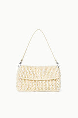 Cream woven shoulder bag with top flap and short shoulder straps