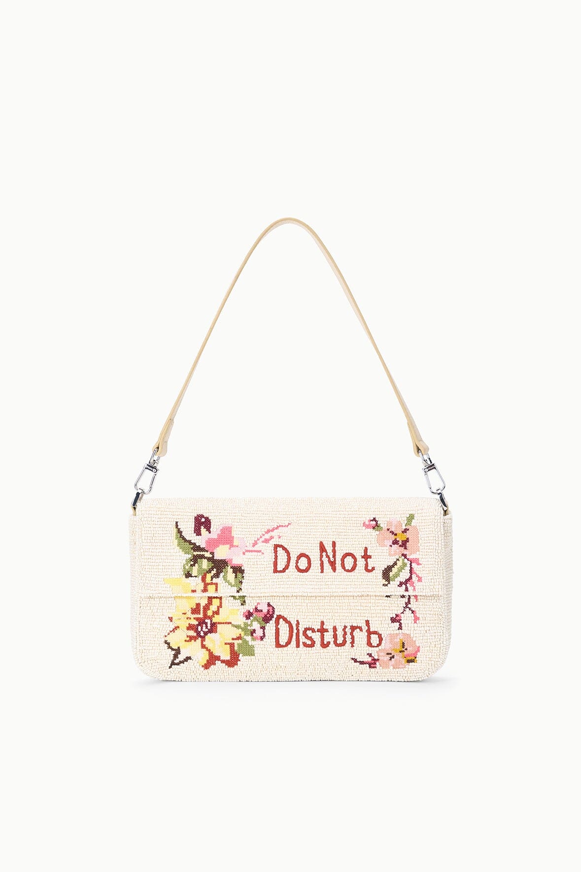 Cream tweed shoulder bag with multicolor “Do Not Disturb” embroidery and top handles
