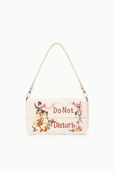 Cream tweed shoulder bag with multicolor “Do Not Disturb” embroidery and top handles