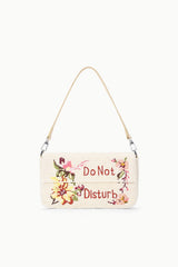 Cream tweed shoulder bag with multicolor “Do Not Disturb” embroidery and top handles