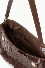 Cacao sequin shoulder bag with open top, zipper pocket, and brown lining