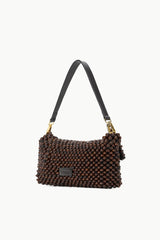 Dark brown beaded shoulder bag with gold-tone chain straps and rectangular front plaque